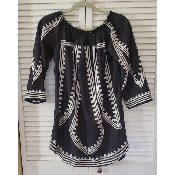 Tribal Print Gathered Neckline Top Women Black 3/4 Sleeve Size L - Picture 1 of 3